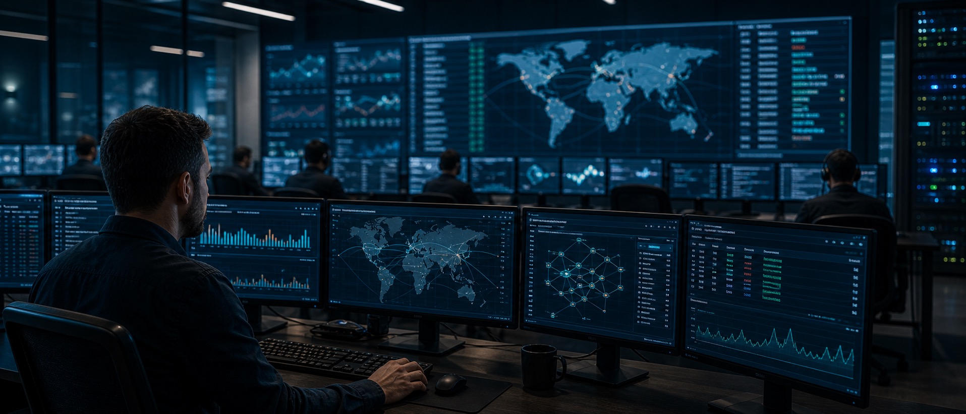 Network security operations centre with DNS threat monitoring dashboards